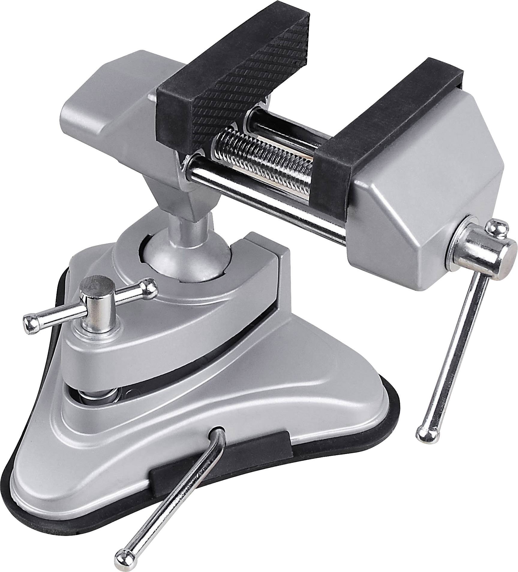 Un étau de table en argent avec mécanisme à vis et base réglable, idéal pour maintenir des pièces en toute sécurité pendant le travail.