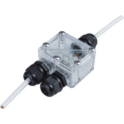 Boîte de dérivation avec couvercle transparent, deux câbles et vis de fixation noires. Elle sert à assurer une connexion de câbles en toute sécurité.