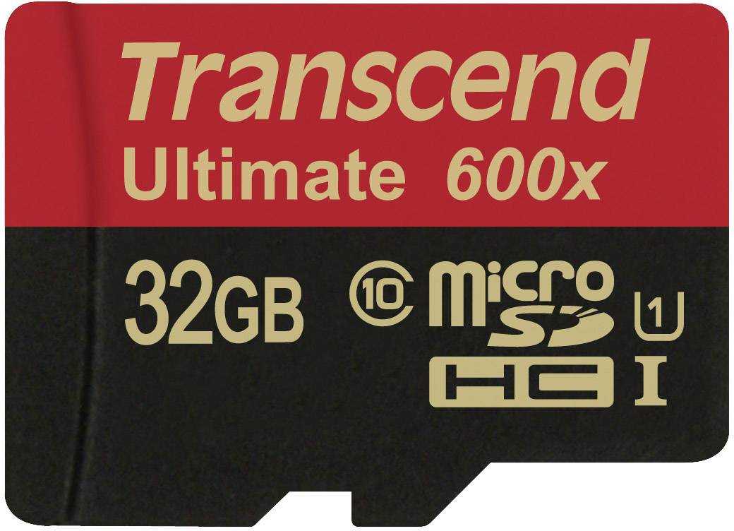 Une carte mémoire microSDHC Transcend Ultimate avec une vitesse de 600x, capacité de 32 Go, Class 10 UHS-I, en noir et rouge.