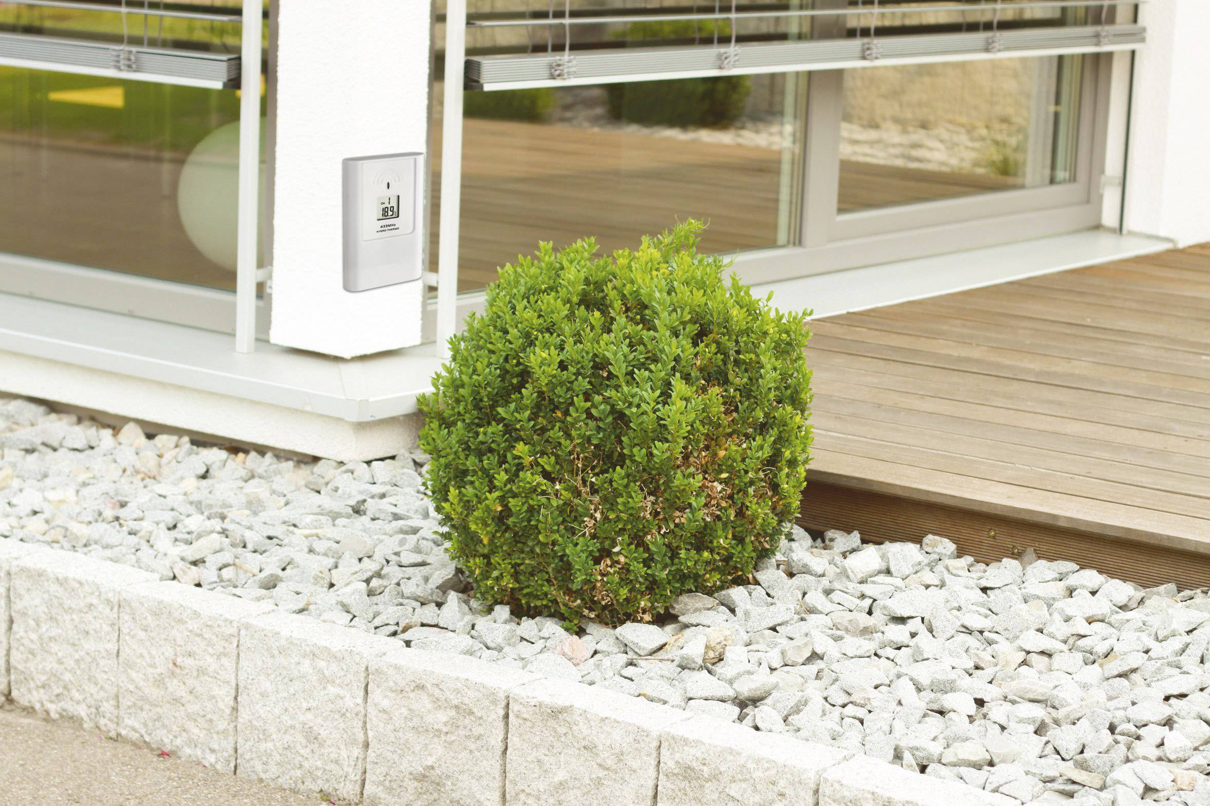 Un arbuste dans un massif couvert de pierres devant un bâtiment moderne avec une terrasse en bois et de grandes fenêtres.