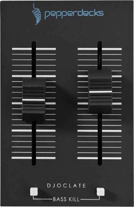 Deux curseurs noirs sur un contrôleur DJ portant l'étiquette 'pepperdecks DJOCLATE', avec un interrupteur 'BASS KILL' en dessous.