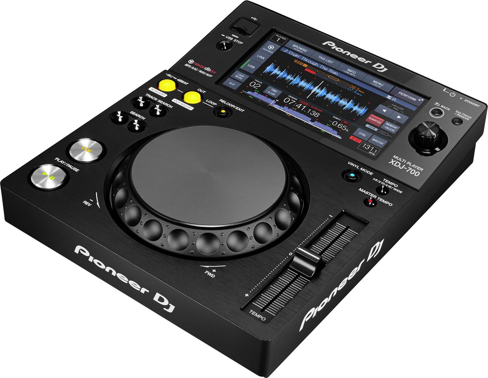Lecteur DJ Pioneer avec un écran affichant des détails musicaux, comprenant la forme d'onde et le titre. Doté de boutons et de commandes pour la lecture musicale.