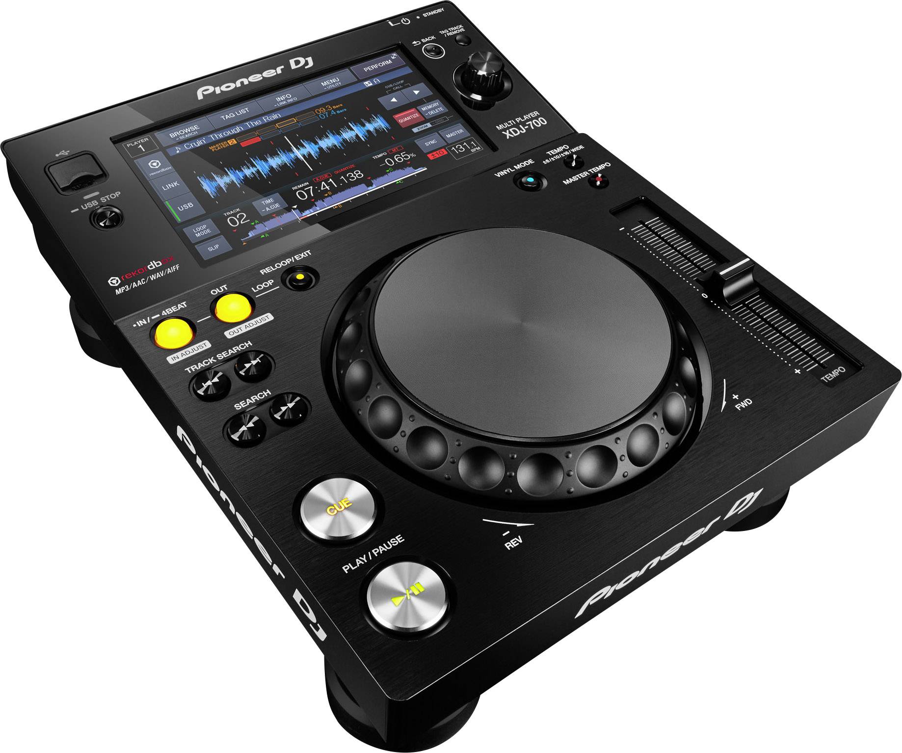 Un contrôleur DJ noir de Pioneer avec un écran et des commandes telles que des boutons, des potentiomètres et un jog-wheel pour le contrôle de la musique.