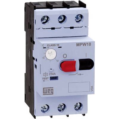 Disjoncteur industriel MPW18 ; touche rouge 'O', touche noire 'I', interrupteur bleu, symbole de puissance et bouton de test avec 234A.