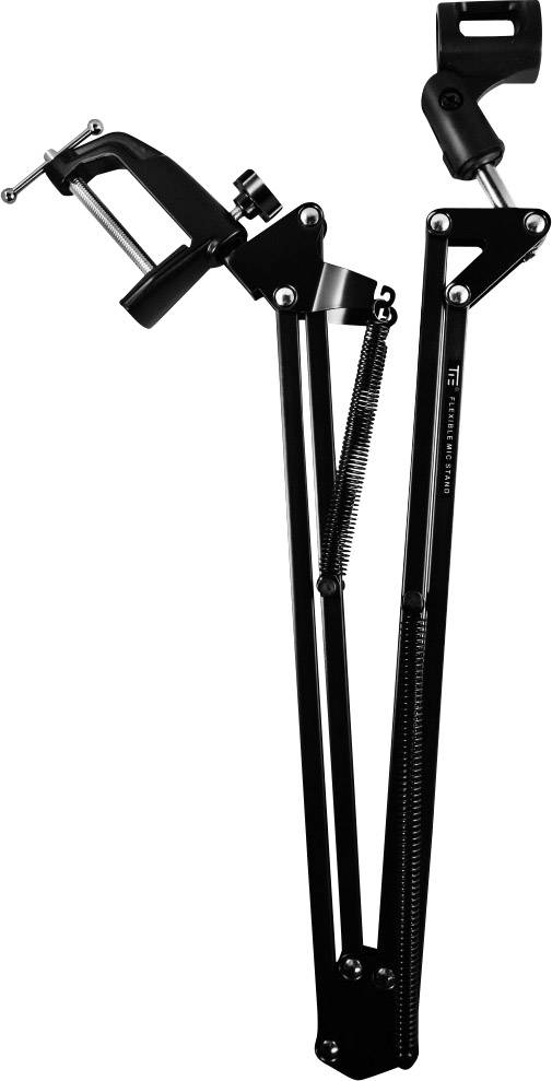 Support de microphone noir ajustable avec pince et bras à ressort. Idéal pour un positionnement flexible du microphone.