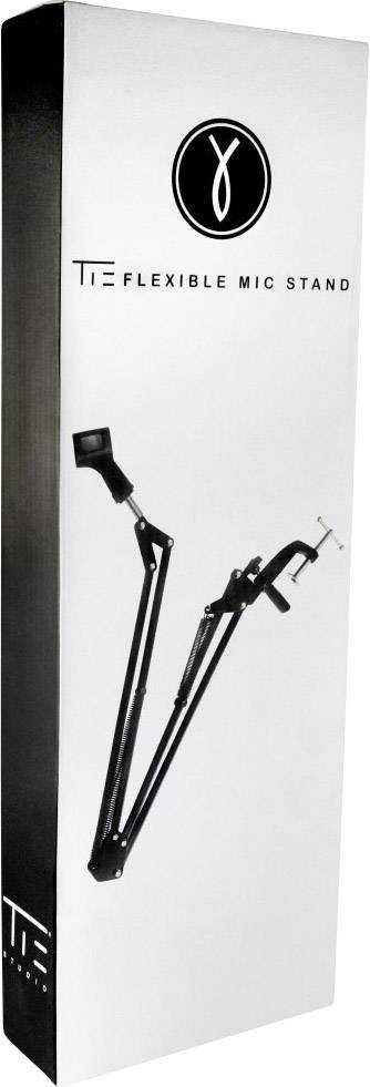 Emballage d'un support de microphone flexible de TIE. Présente une image du support en noir sur fond blanc.