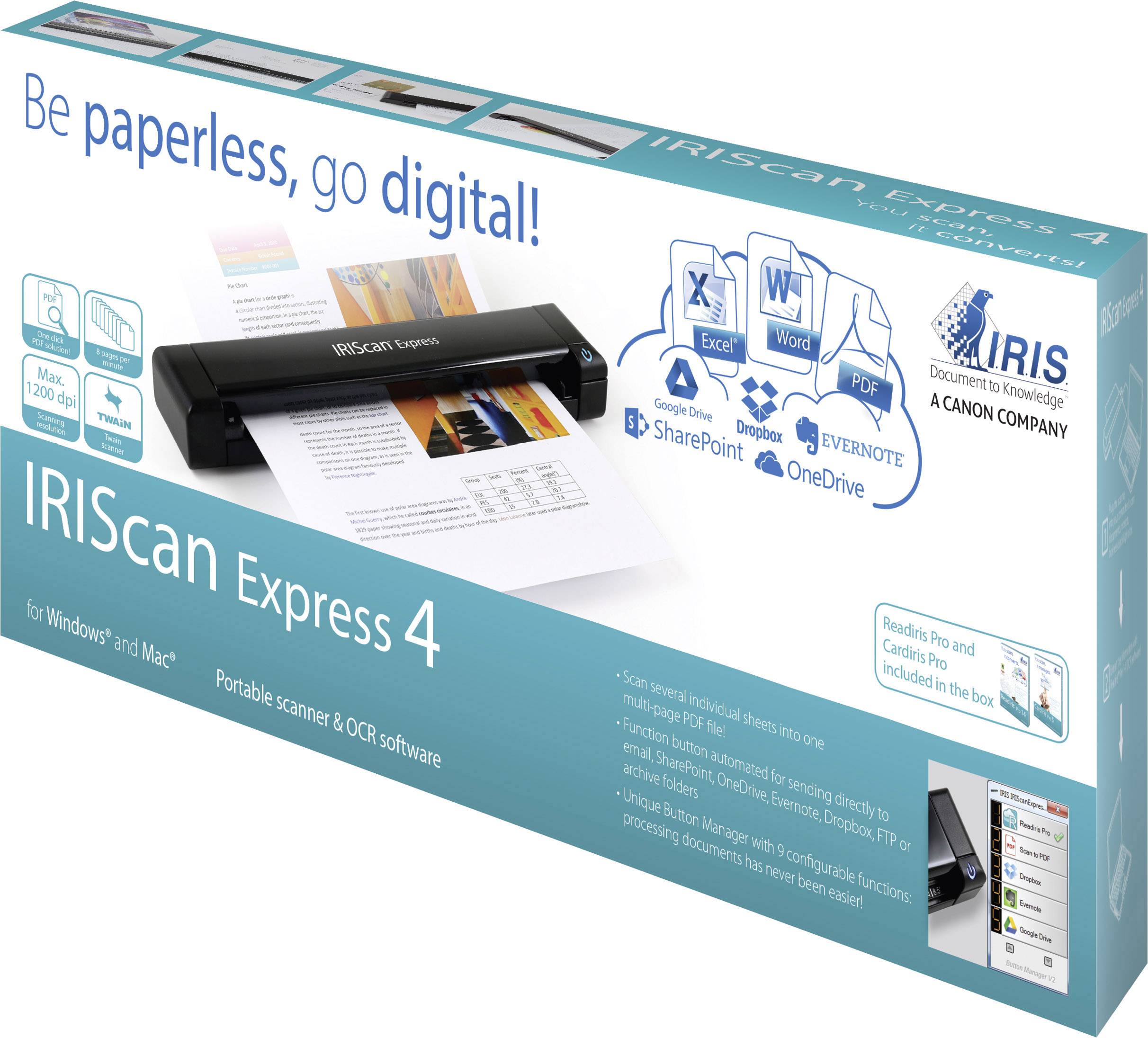 Emballage de l''IRIScan Express 4' avec une image d'un scanner portable. Les textes mettent l'accent sur la numérisation, et comprennent des logos de logiciels et des fonctionnalités.