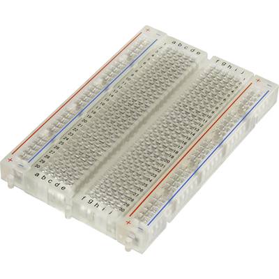 Un breadboard avec des rangées numérotées et des rails d'alimentation colorés pour les projets de circuits électroniques.