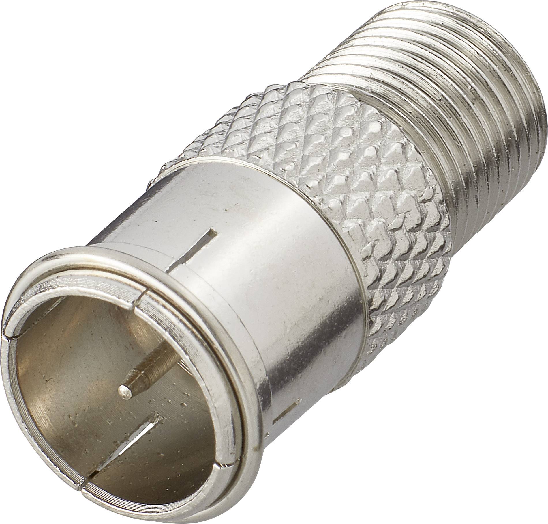 Un adaptateur coaxial argenté avec une poignée striée, utilisé pour connecter des câbles coaxiaux.