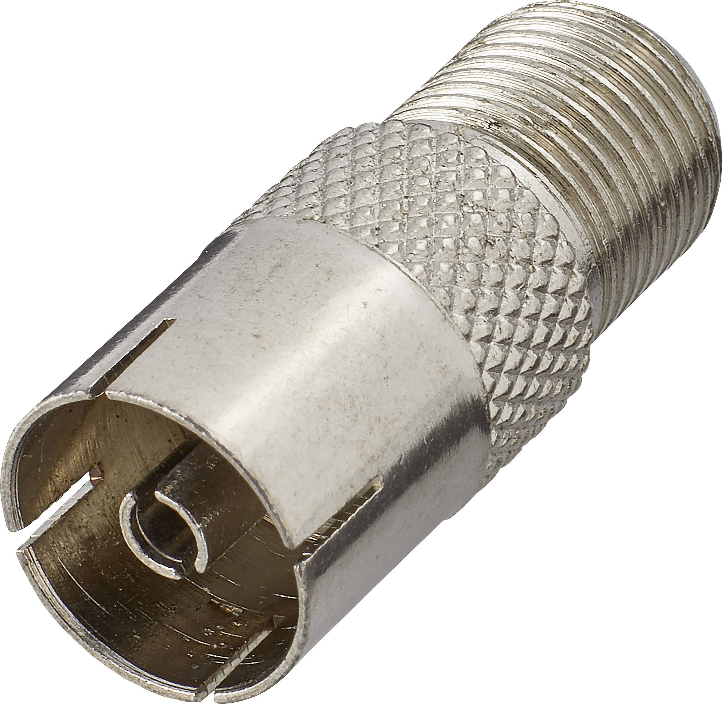 Une fiche coaxiale argentée avec une poignée striée et un filetage à vis. Utilisée pour connecter des câbles dans les domaines audio et vidéo.