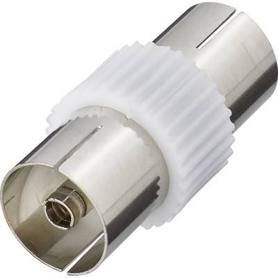 Adaptateur coaxial en métal avec anneau en plastique blanc, utilisé pour connecter des câbles d'antenne TV.