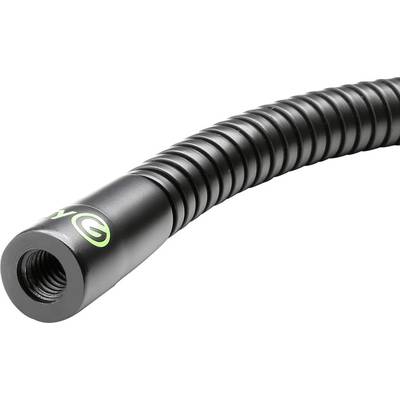 Gros plan d'un tuyau flexible noir en métal avec raccord fileté et marquage vert, adapté aux applications industrielles.