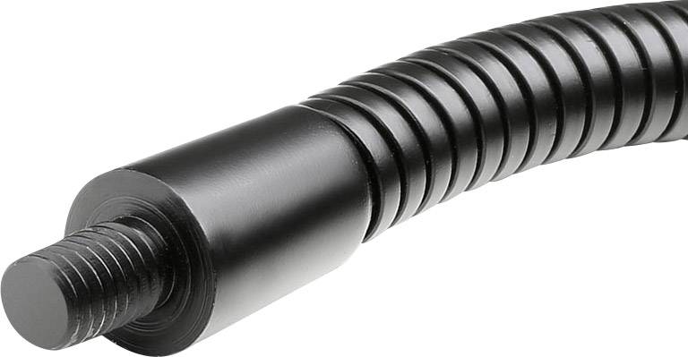 Un gros plan d'un tuyau flexible en métal noir avec un design nervuré et une extrémité filetée, adapté aux applications industrielles.