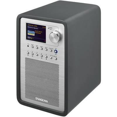 Un radio compact et moderne avec un écran numérique, des boutons et des haut-parleurs. Il affiche le nom d'une station sur l'écran.