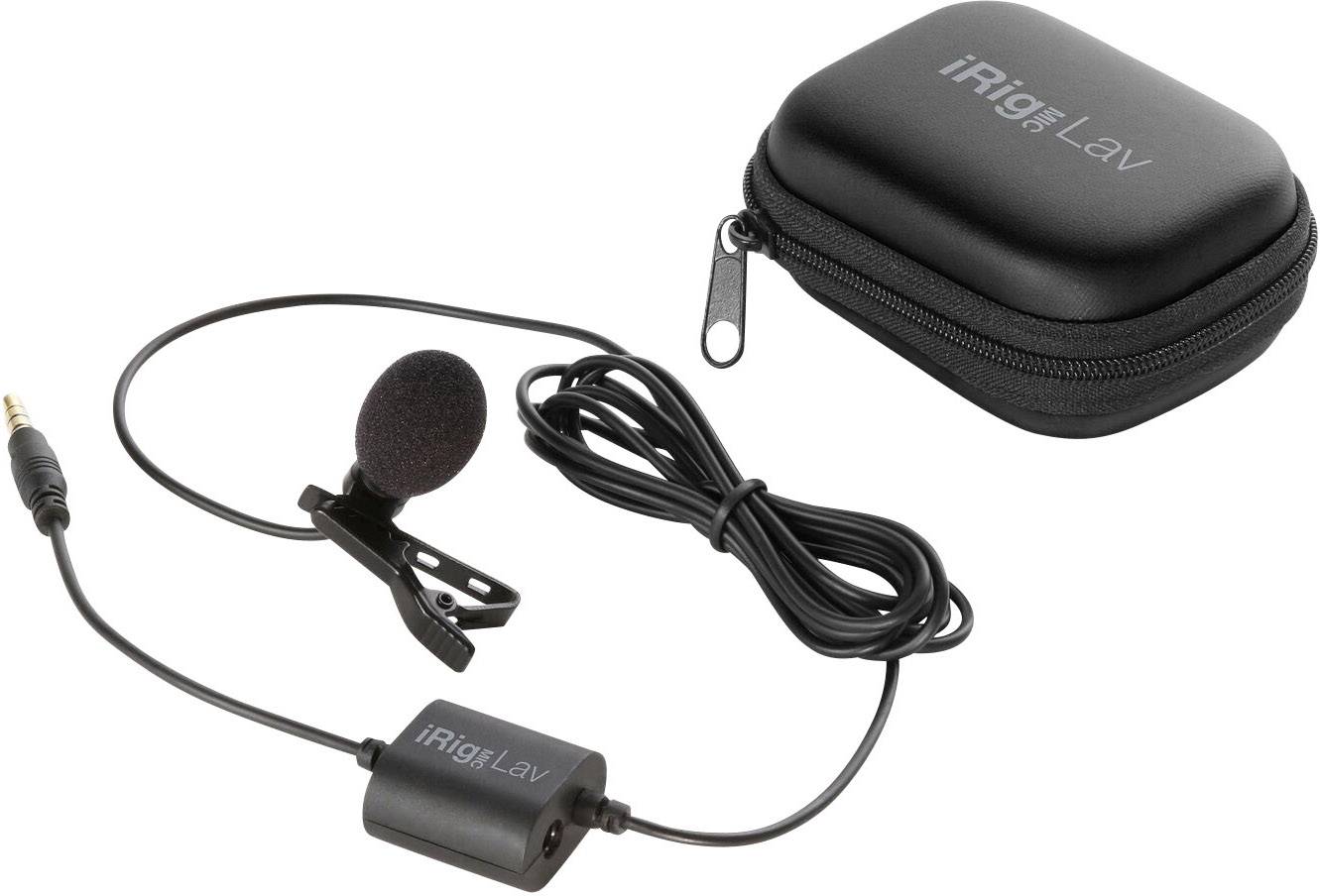 Microphone cravate 'iRig Mic Lav' avec câble, pince, fiche jack 3,5 mm et étui. Idéal pour les enregistrements audio mobiles.