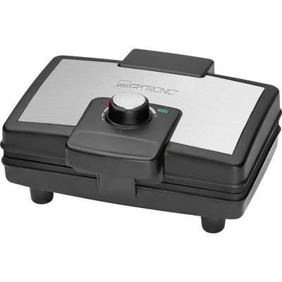 Fer à gaufres électrique avec surface argentée et bouton rotatif. Nom de la marque visible.