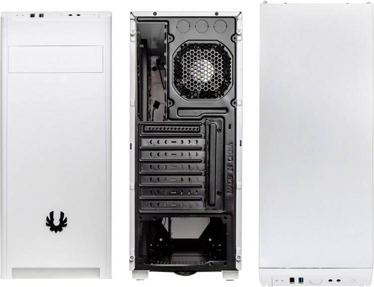 Boîtier PC montrant les vues avant, arrière et latérale. À l'avant avec un logo, à l'arrière les ventilateurs et les connexions, sur le côté blanc et sobre.