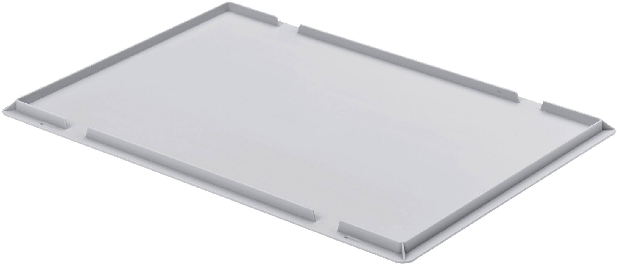 Plateau rectangulaire gris en plastique avec un bord surélevé et des coins arrondis, généralement utilisé pour déposer ou transporter des objets.