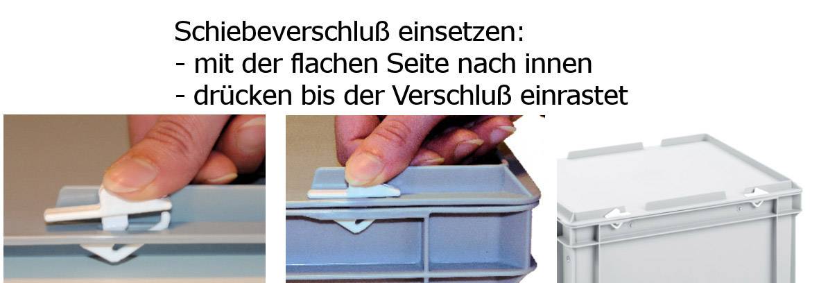 Insérer le verrou coulissant : côté plat vers l'intérieur, appuyer jusqu'à ce qu'il s'enclenche. Des images illustrent le processus d'insertion sur un boîtier.