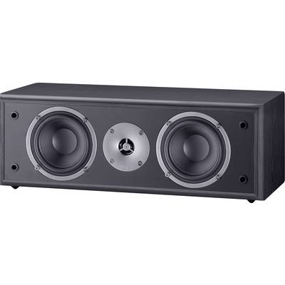 Haut-parleur noir équipé de deux woofers de grande taille et d'un tweeter central, monté sur un boîtier rectangulaire.