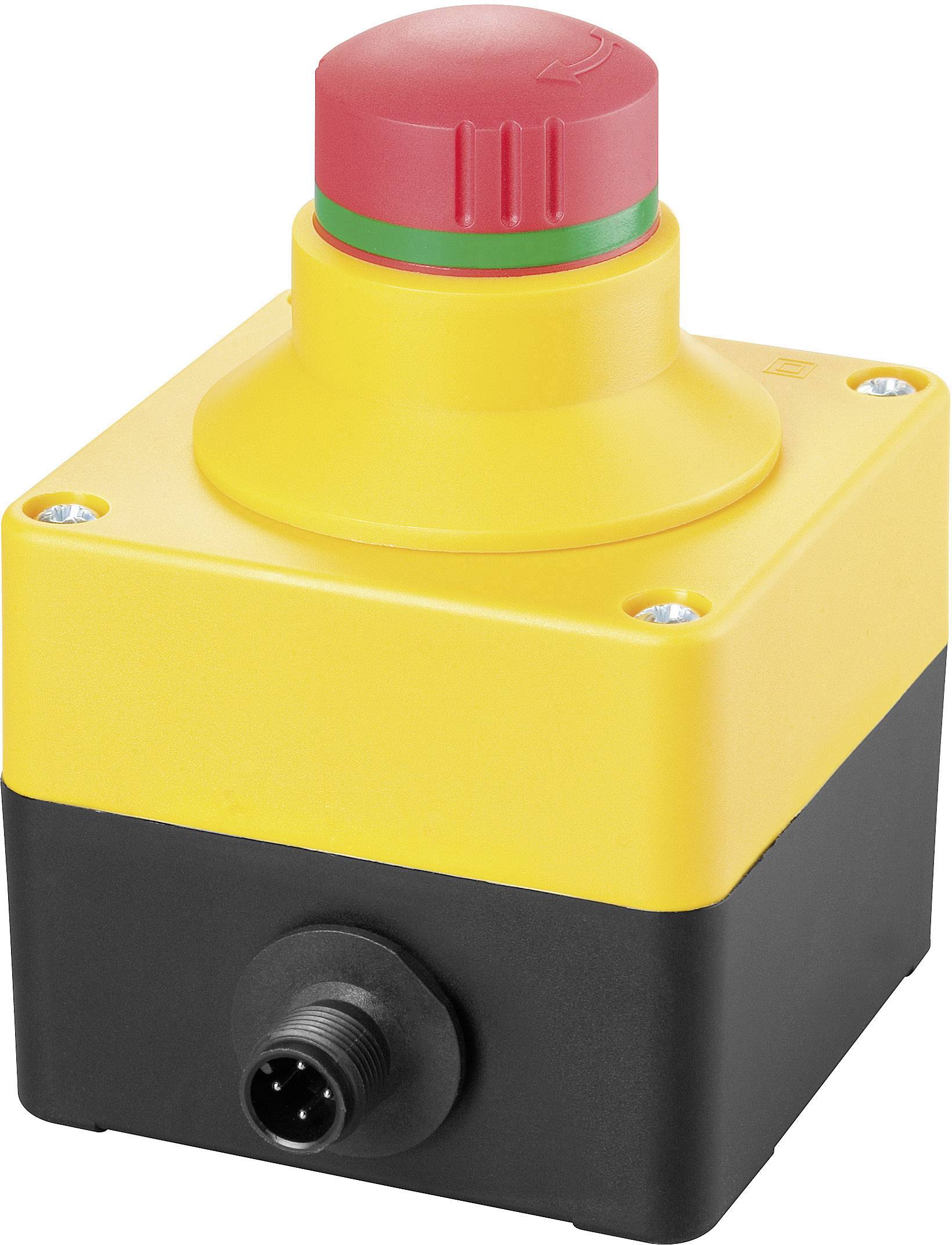 Bouton d'arrêt d'urgence rouge sur un boîtier jaune avec un socle noir et un raccordement de câble en dessous.