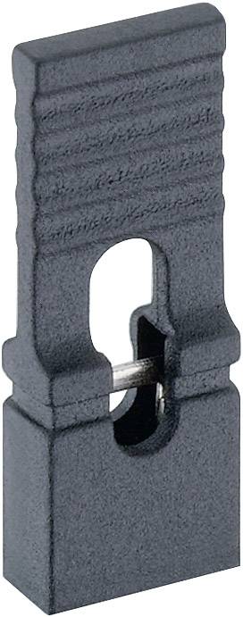 Poignée de sécurité nervurée noire de forme rectangulaire avec une fente centrale destinée à recevoir un élément de sécurisation.