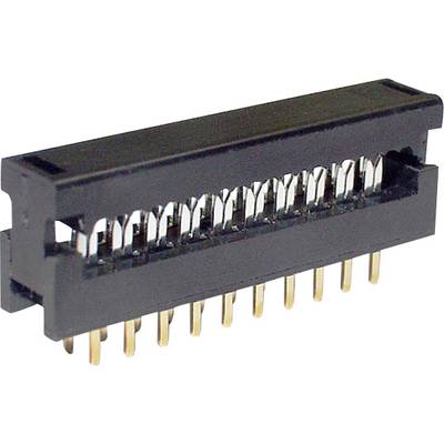 Un connecteur électrique noir rectangulaire avec plusieurs broches de contact argentées et des broches dorées en dessous.