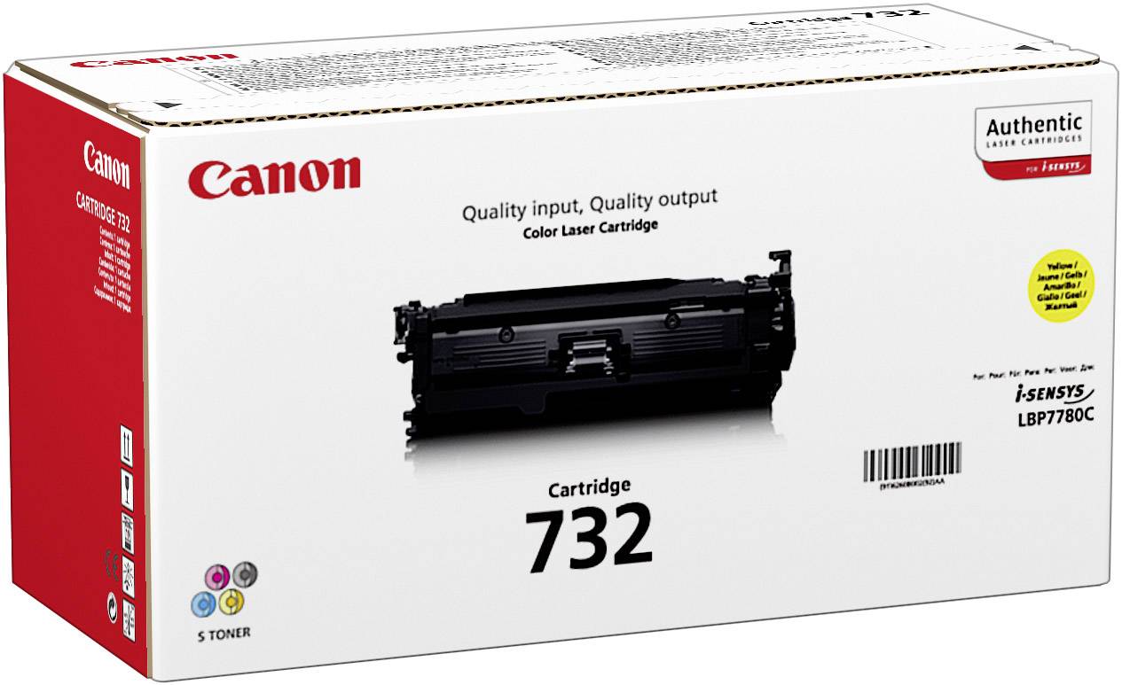 Une cartouche de toner couleur Canon 732, compatible avec l'imprimante Canon i-SENSYS LBP7780C, présentée dans son emballage d'origine.
