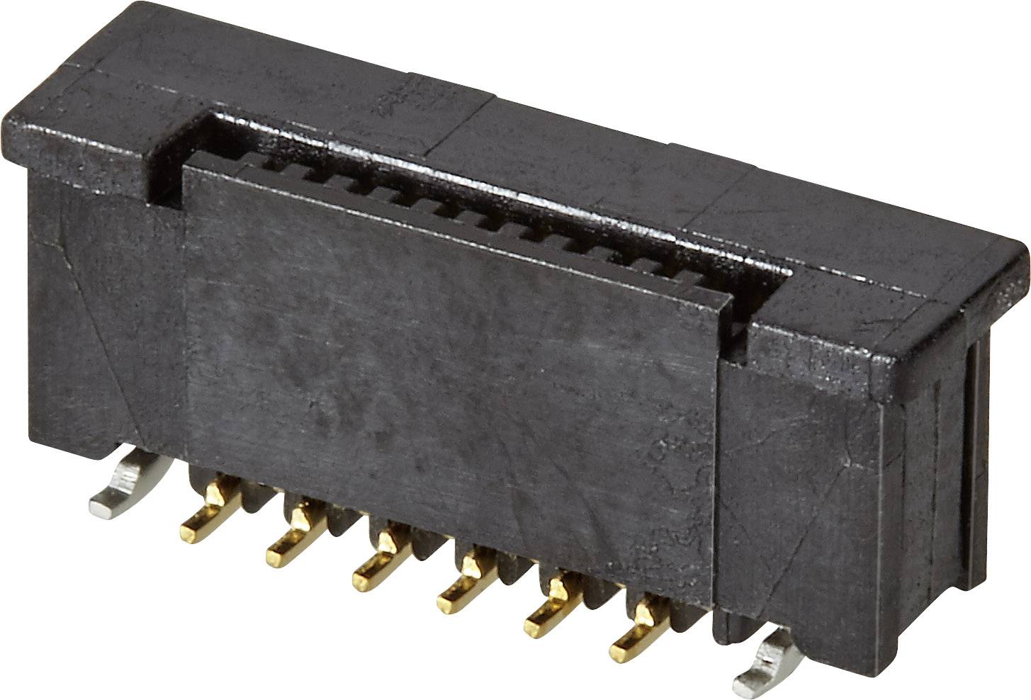 Une fiche noire, rectangulaire, avec plusieurs contacts dorés sur sa face inférieure. Adaptée pour les connexions électroniques.