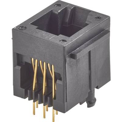 Module de prise RJ45 noir avec six broches de connexion dorées. Utilisé pour les connexions réseau.
