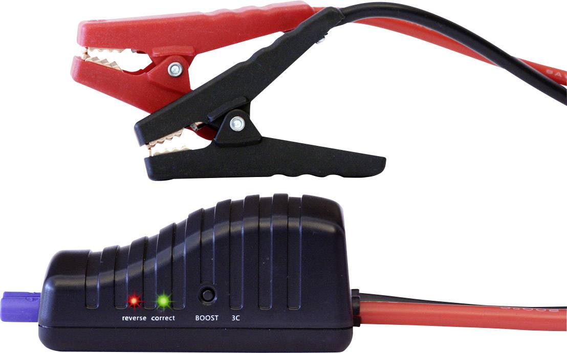 Chargeur noir avec deux témoins lumineux et un câble muni de pinces rouges et noires, utilisé pour faire démarrer une batterie de voiture par connexion.