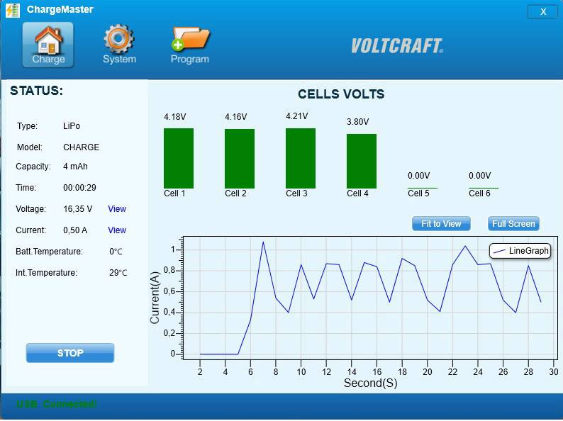 Capture d'écran d'un logiciel de charge de batterie. Affiche les tensions cellulaires de quatre cellules, un graphique pour le courant(S) et des détails de statut tels que le type 'LiPo'.