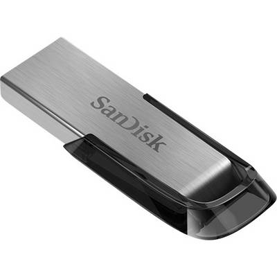 Clé USB avec logo 'SanDisk', boîtier argenté, capuchon de protection noir, utilisée pour le stockage et le transfert de données.