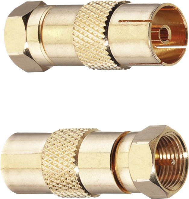 Deux adaptateurs d'antenne coaxiaux de couleur dorée, avec poignée crantée, l'un avec un connecteur mâle et l'autre avec un connecteur femelle, disposés côte à côte.