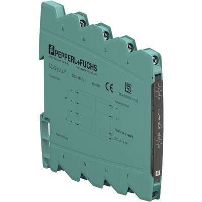 Convertisseur de signal électrique vert de Pepperl+Fuchs, modèle S150-LA1-TJ1. Étiqueté avec ses spécifications et son logo.