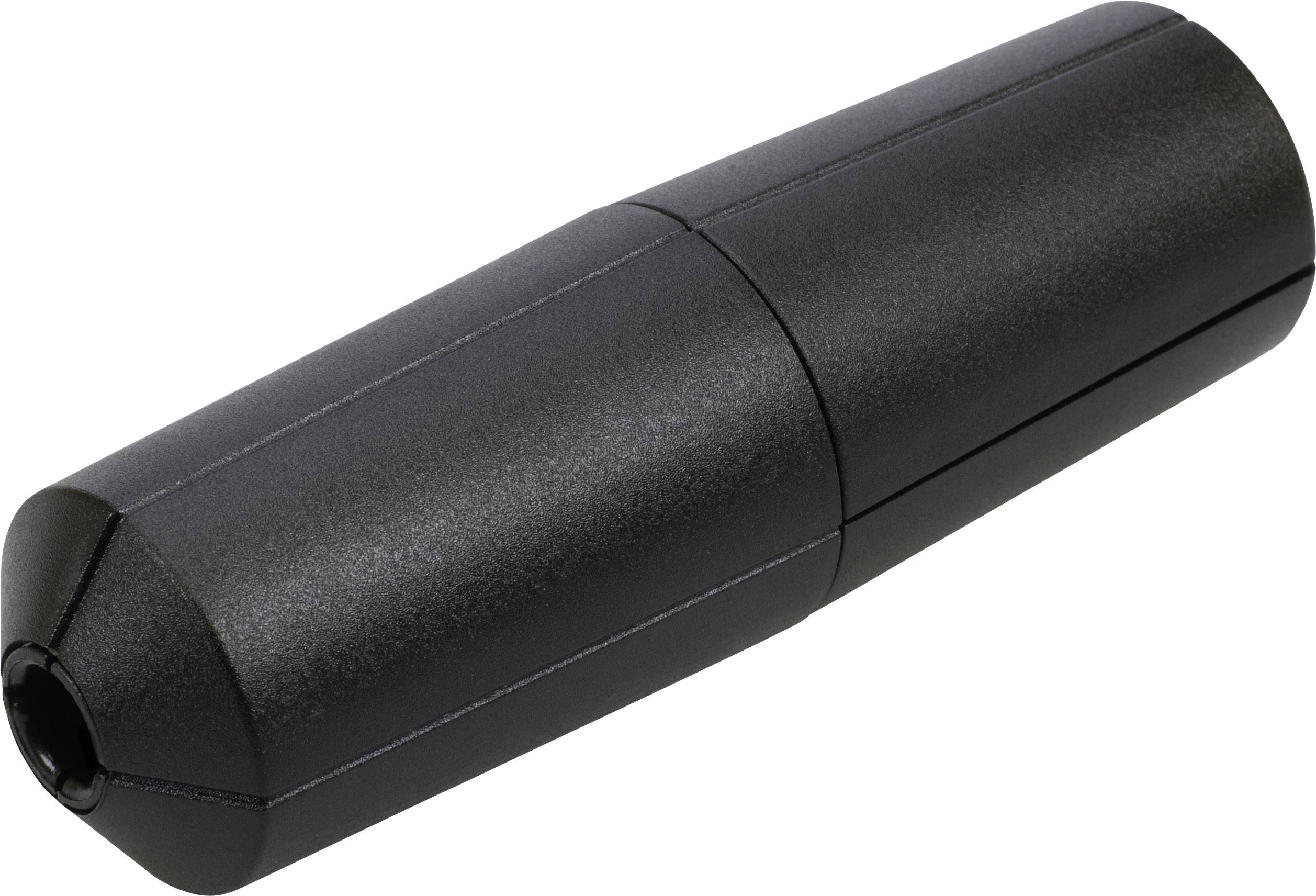Adaptateur au boîtier cylindrique noir. Relie deux câbles audio entre eux en utilisant des fiches jack 6,3 mm.