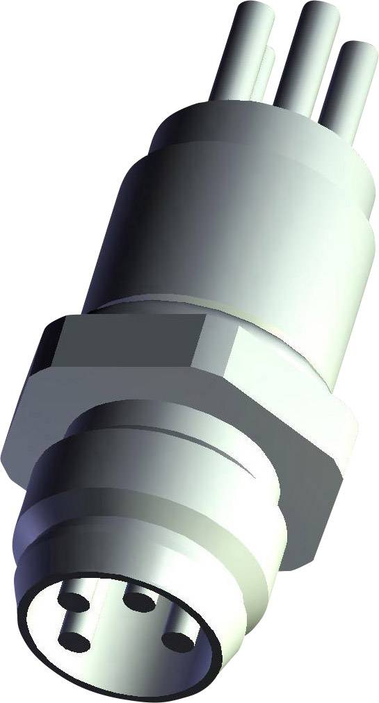 Une fiche cylindrique de couleur métallique avec plusieurs broches et connexions de câbles à une extrémité, sur un fond blanc.