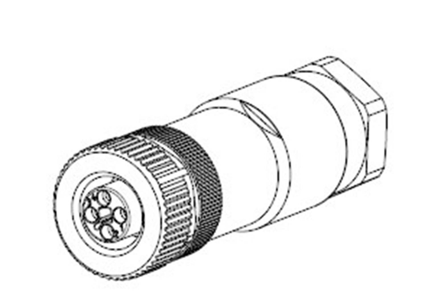 Dessin technique d'une fiche cylindrique à connexions multiples sur un côté, illustrant les détails de sa construction et de sa forme.