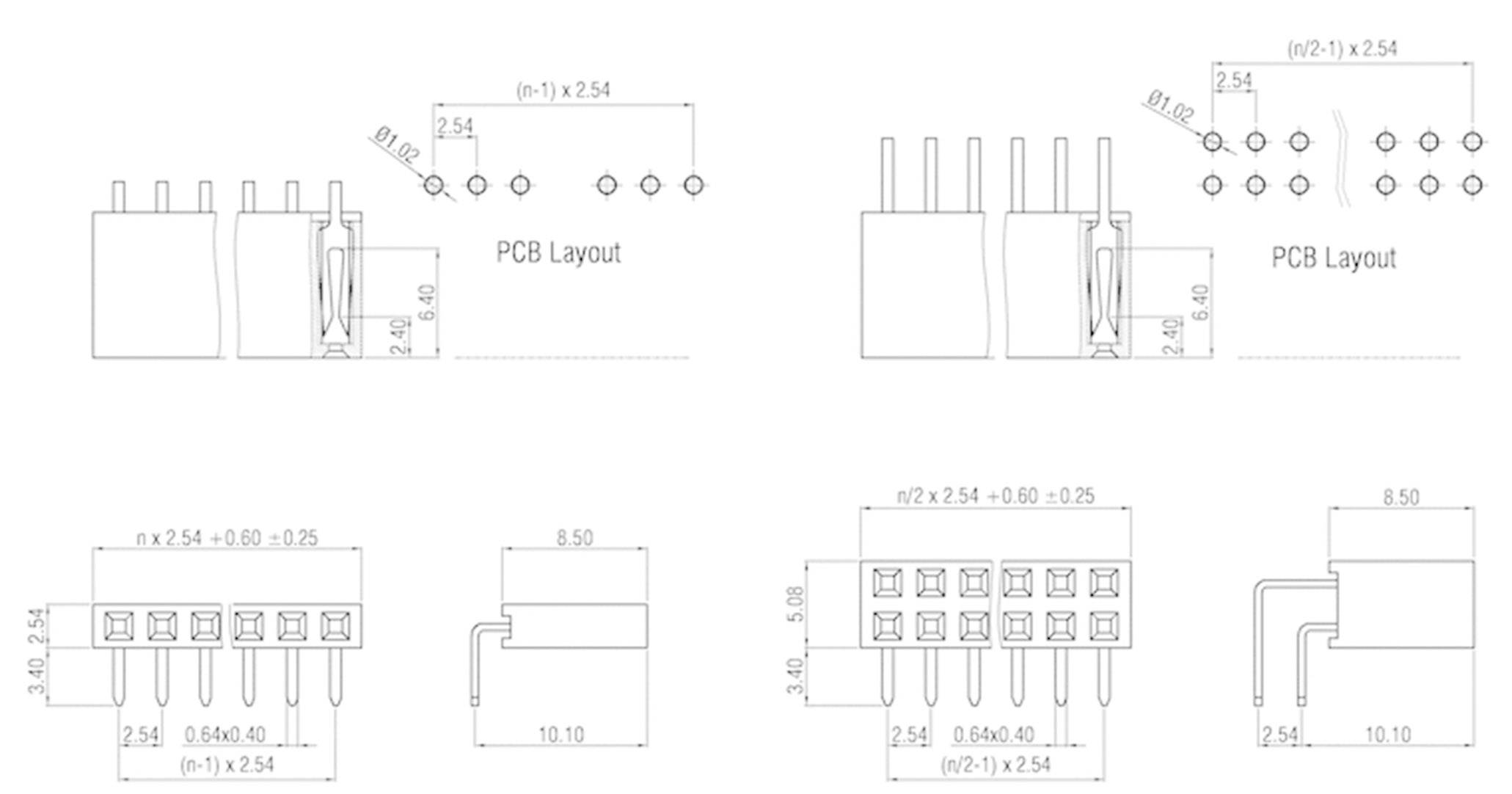 Connexions et dispositions de circuits imprimés pour composants électroniques, avec des dimensions détaillées en millimètres pour le montage et le câblage.