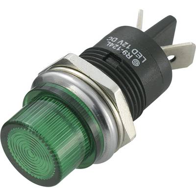 Bouton-poussoir vert de forme ronde avec boîtier métallique, adapté aux applications électroniques.