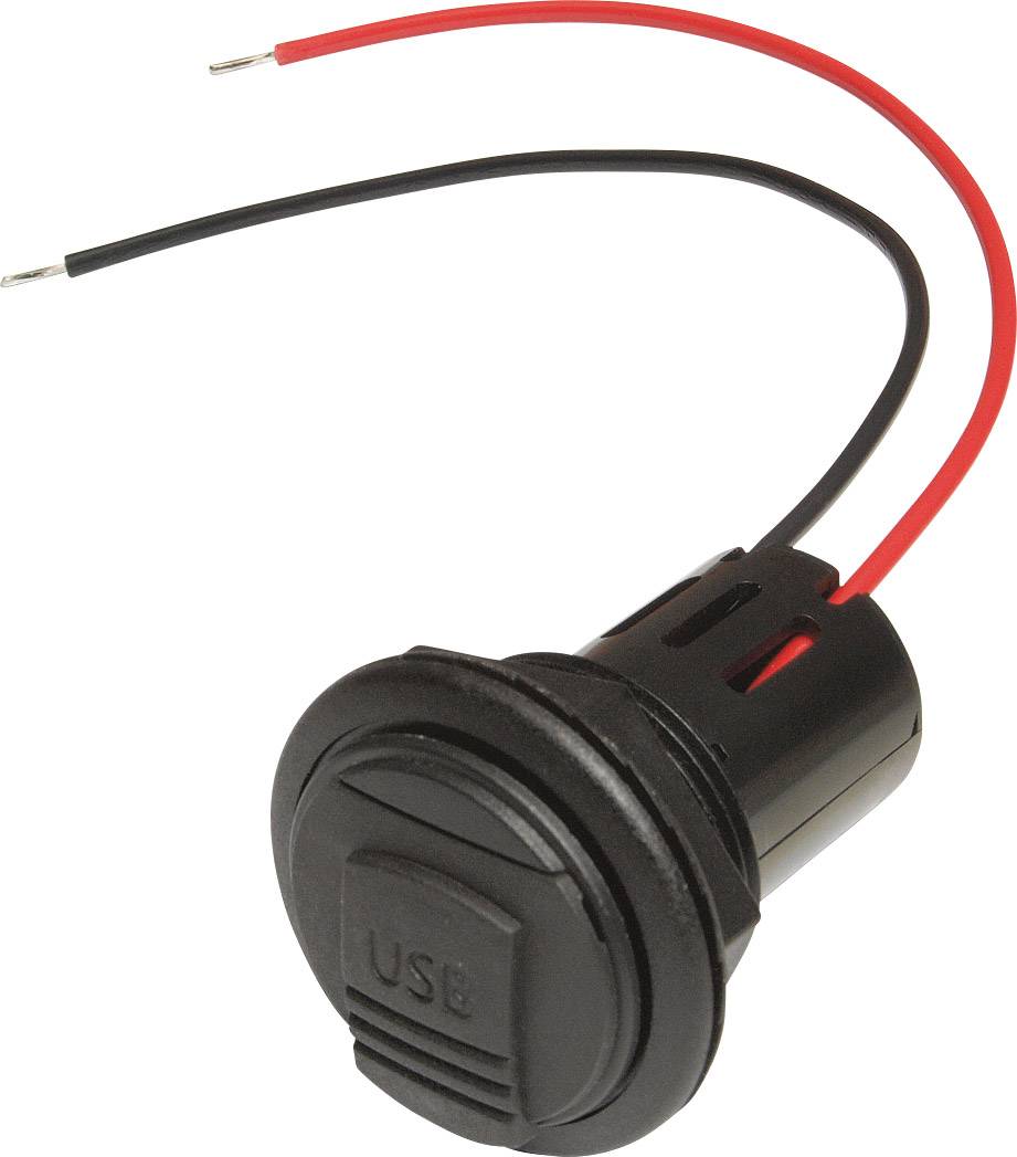 Prise USB noire avec deux fils rouges connectés, utilisée pour l'alimentation électrique ou la charge d'appareils.