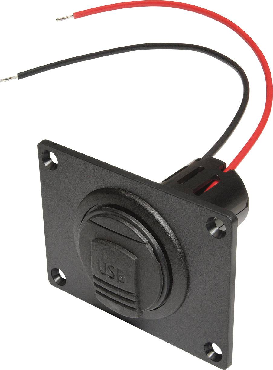 Prise USB carrée avec deux câbles rouge et noir dépassants, adaptée au montage en surface.