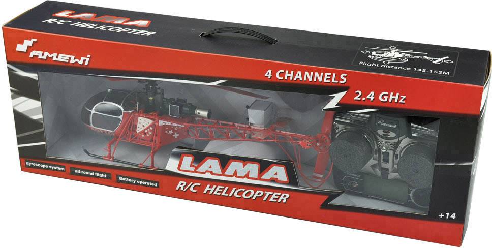 Emballage d'un hélicoptère télécommandé, marque 'LAMA', fréquence 2,4 GHz, avec système gyroscopique et télécommande. Convient à partir de 14 ans.