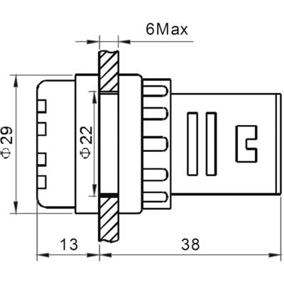 Composant électrique dans un schéma technique, montrant les dimensions en millimètres : longueur 38, largeur 29, profondeur 6, avec des lignes détaillées.