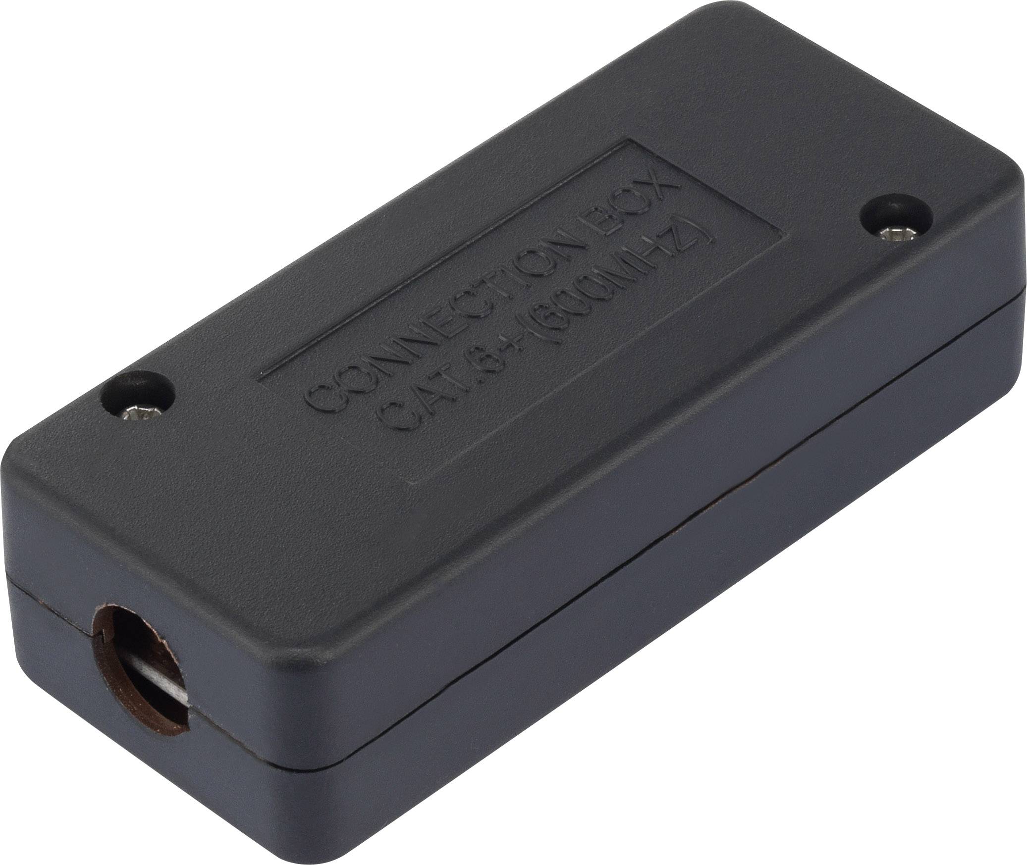 Boîte de connexion rectangulaire noire portant l'inscription 'Connection Box CAT 5/1600MHz', adaptée aux connexions de câbles réseau.
