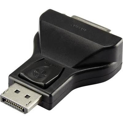 Un adaptateur noir DisplayPort vers DVI pour connecter des ordinateurs à des écrans. Montre clairement les deux côtés des connecteurs.