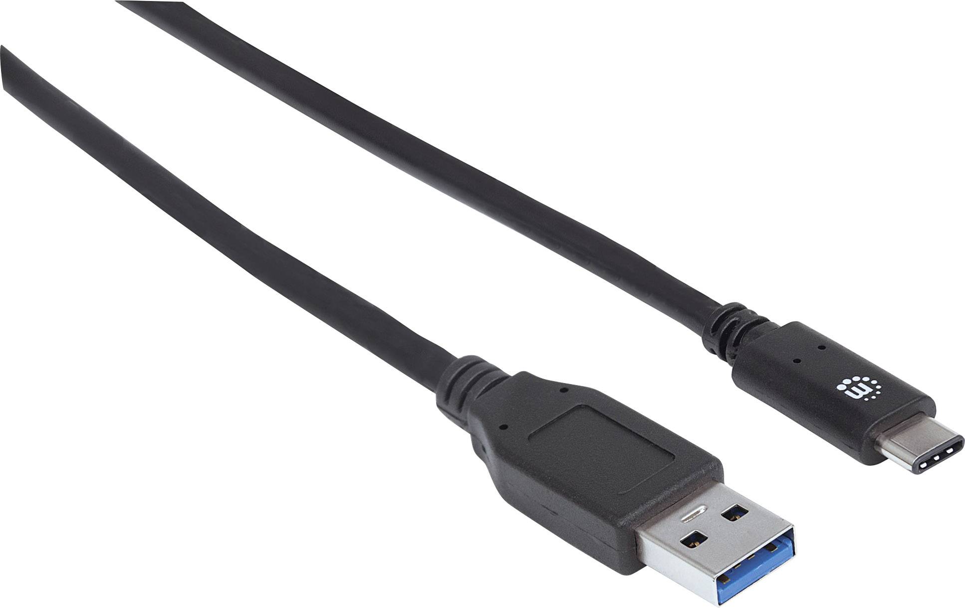 Câble USB avec une fiche de type A à gauche et une fiche de type C à droite, sur fond blanc.