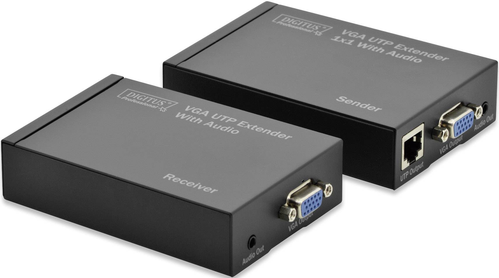 Deux prolongateurs VGA-UTP noirs avec fonction audio. L'un est marqué comme émetteur, l'autre comme récepteur.