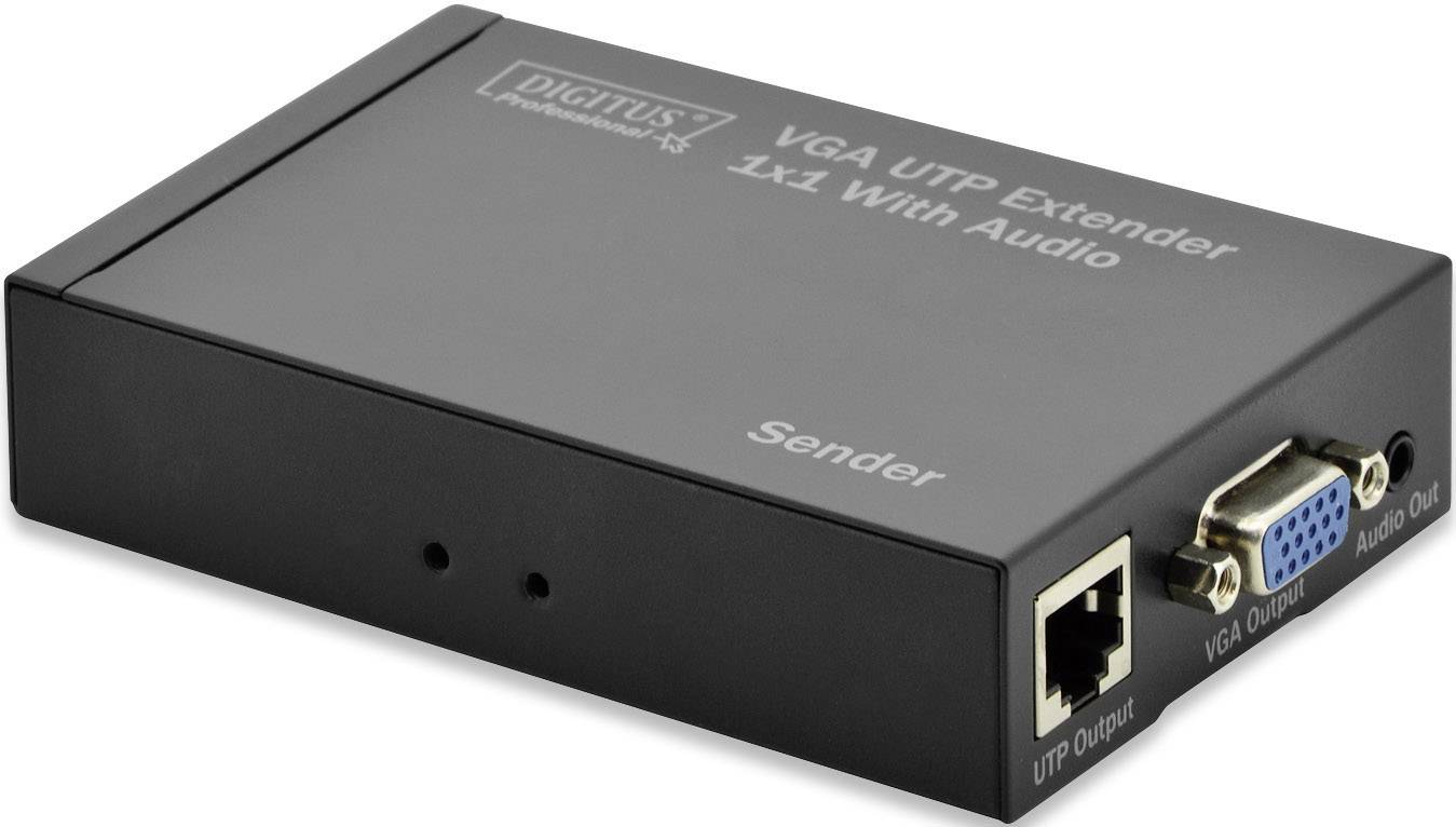Un prolongateur VGA UTP noir avec fonction audio de Digitus, modèle 'Émetteur', présente des ports pour sortie VGA et audio.