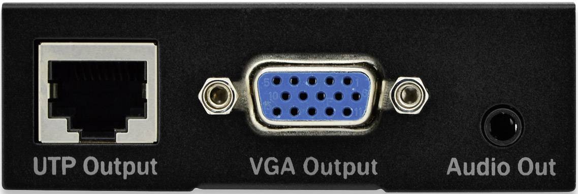 'Connexions réseau et multimédia : Sortie UTP, sortie VGA et sortie audio sur plaque noire.'